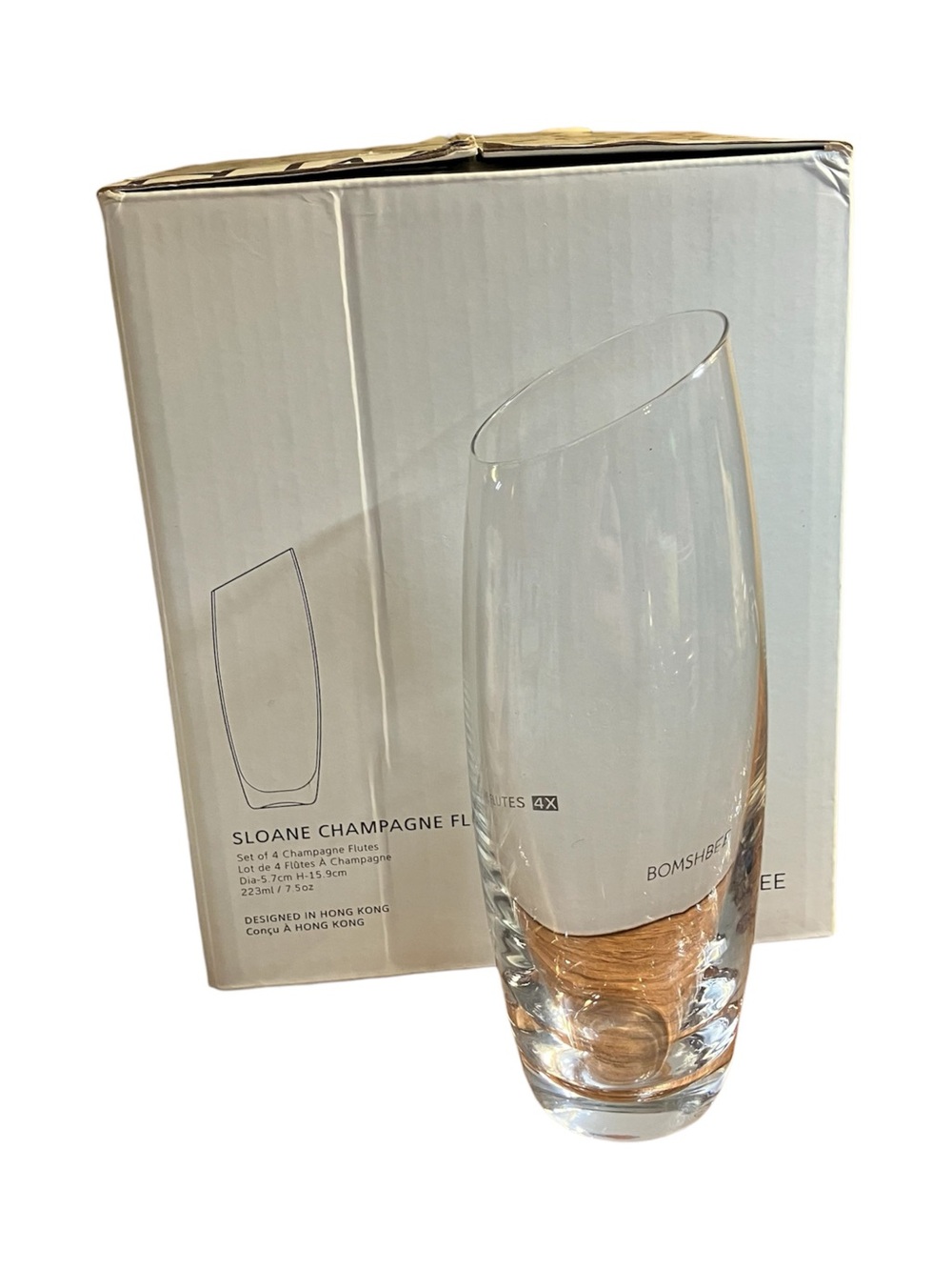 Sloane Champagne Flutes Bomshbee Glasses Set Of 4 in Box Asymmetrical 7.5 Oz